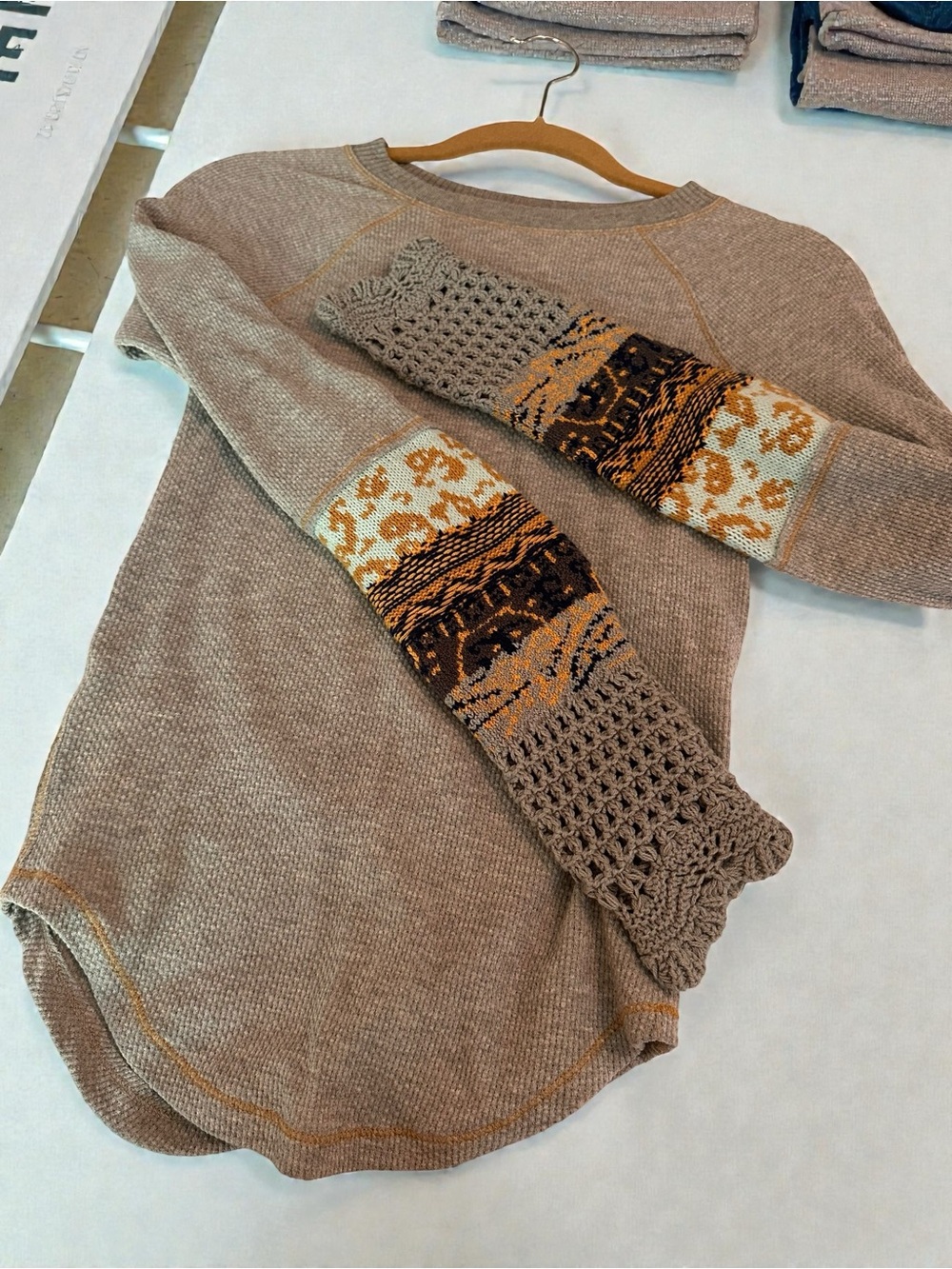Lucky Brand Neutral Grey Long Sleeve Top with Patterned Sleeve Panels